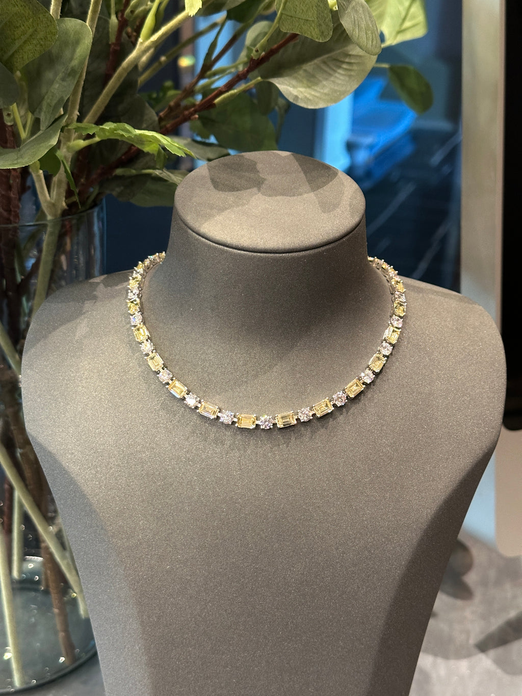 Fancy yellow & White baguette tennis necklace