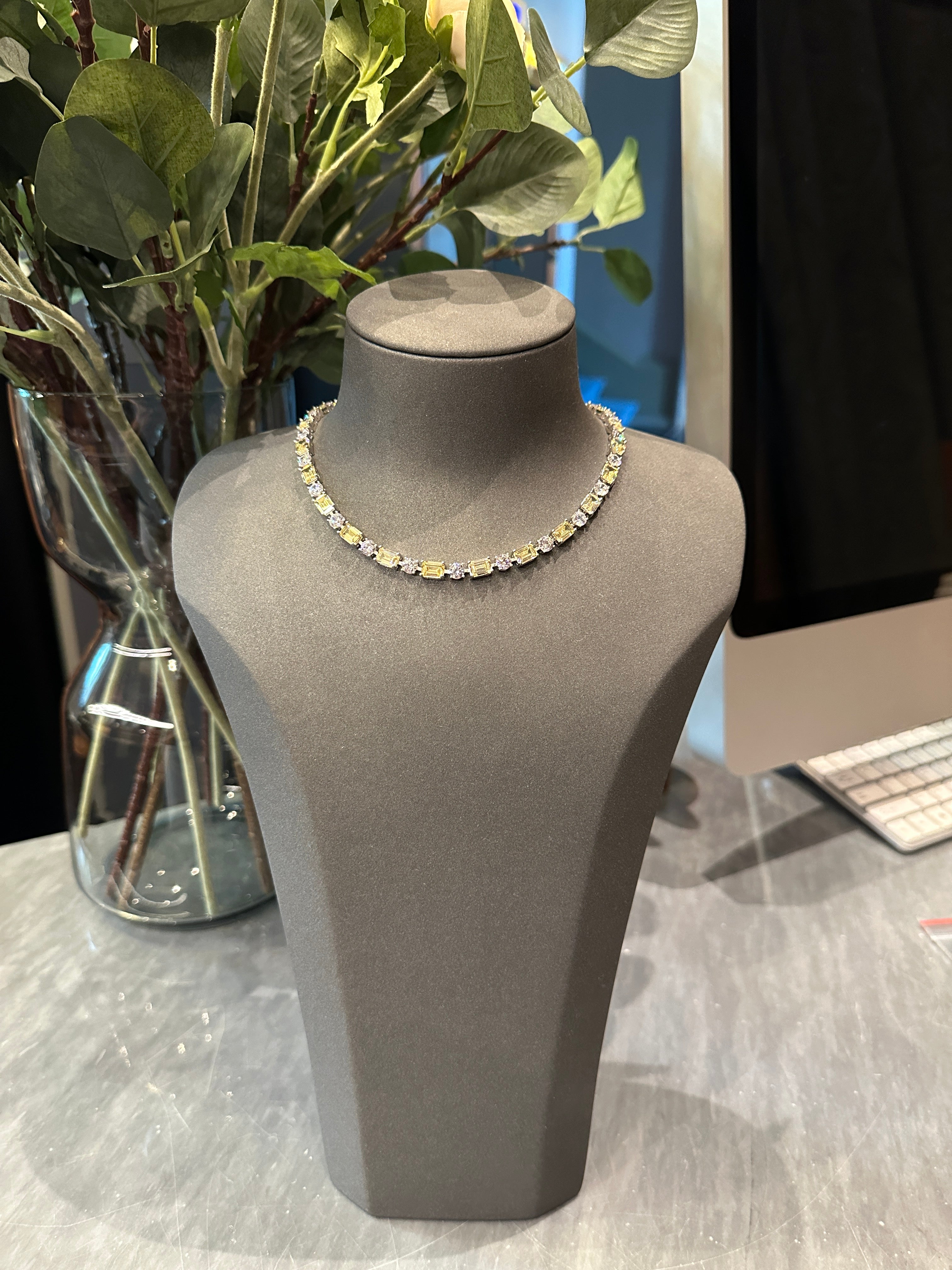 Fancy yellow & White baguette tennis necklace