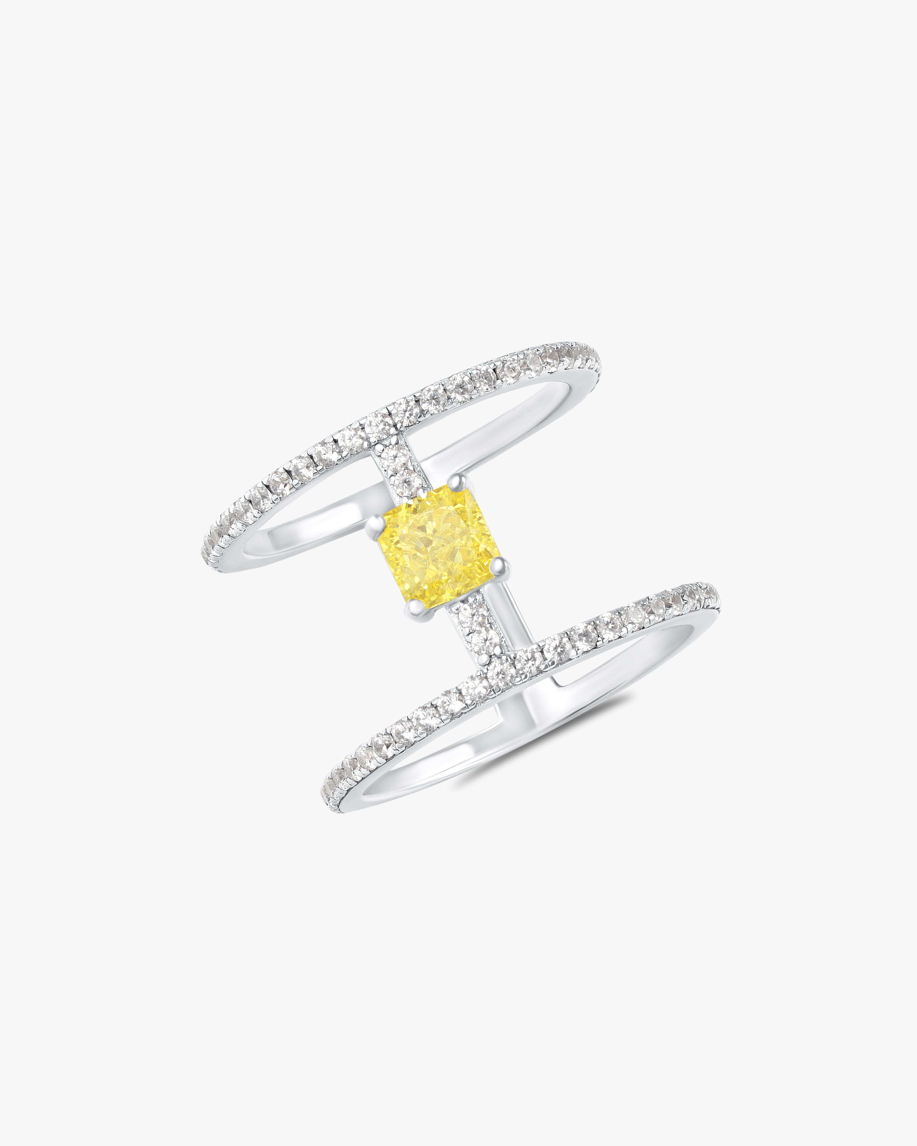 Fancy yellow princess cut double band ring
