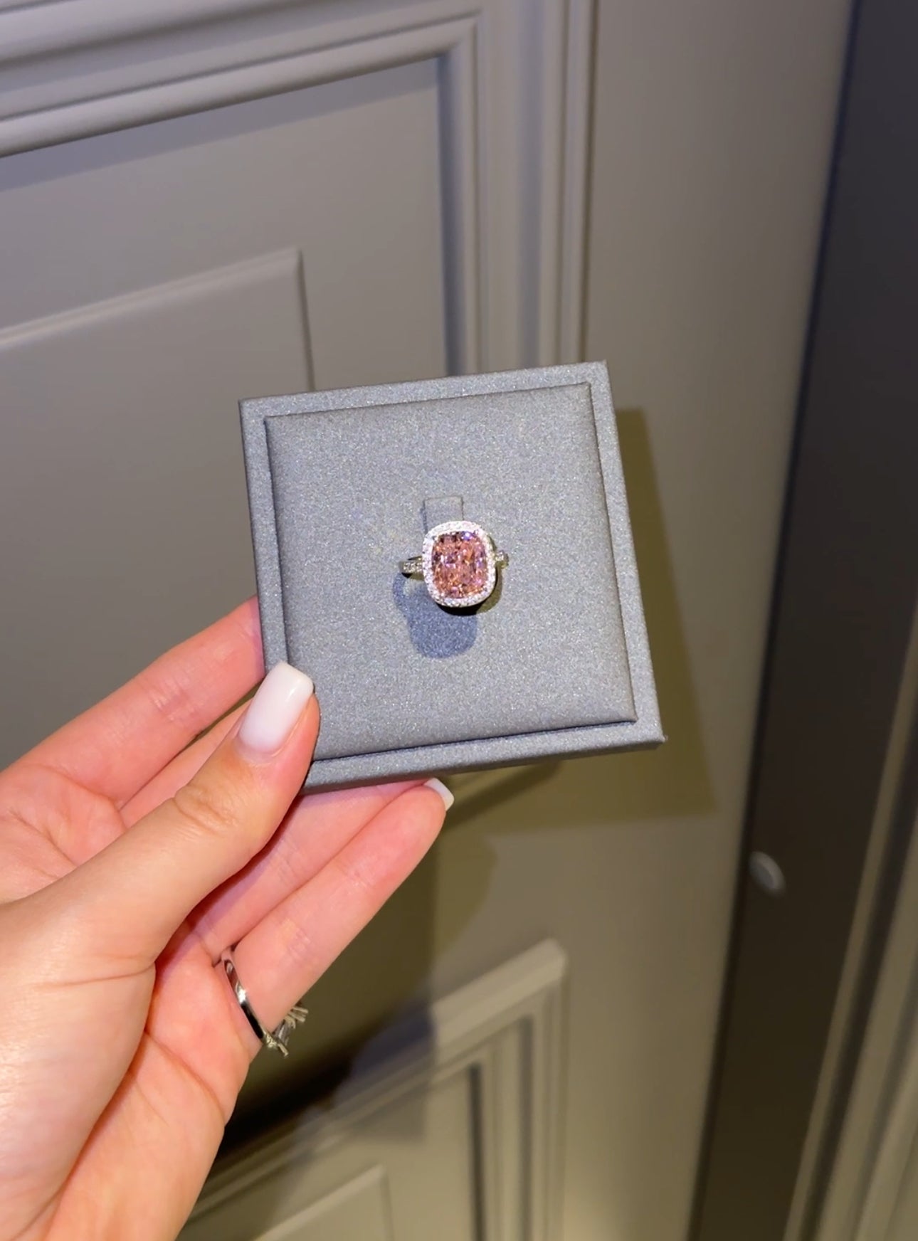 Pink cushion cut ring